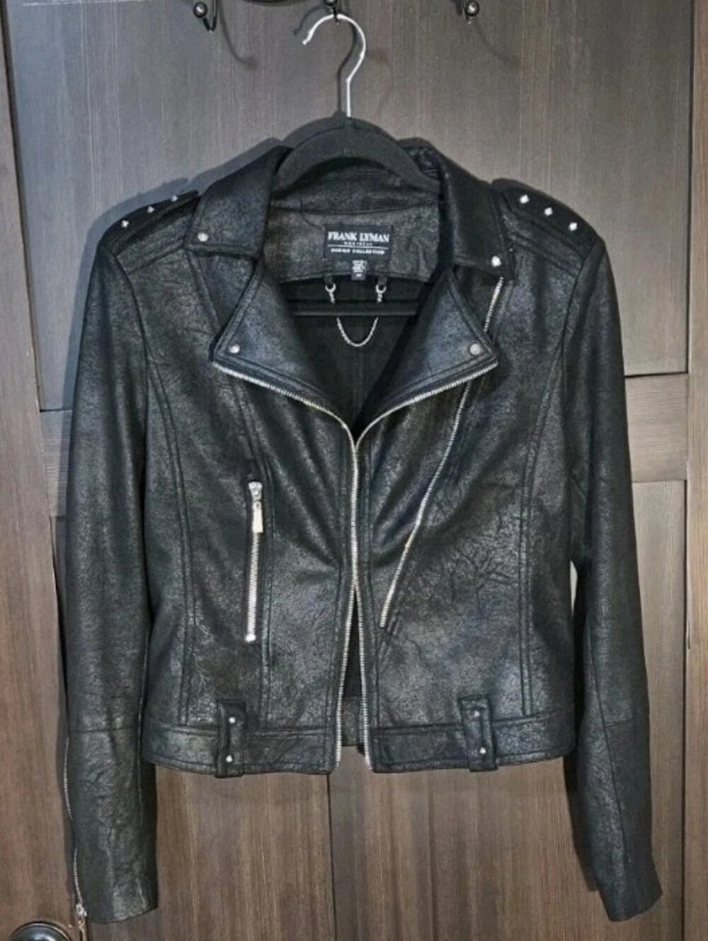 EUC Women's Frank Lyman Black Moto Jacket Beaded Eagle Faux Suede Size Small